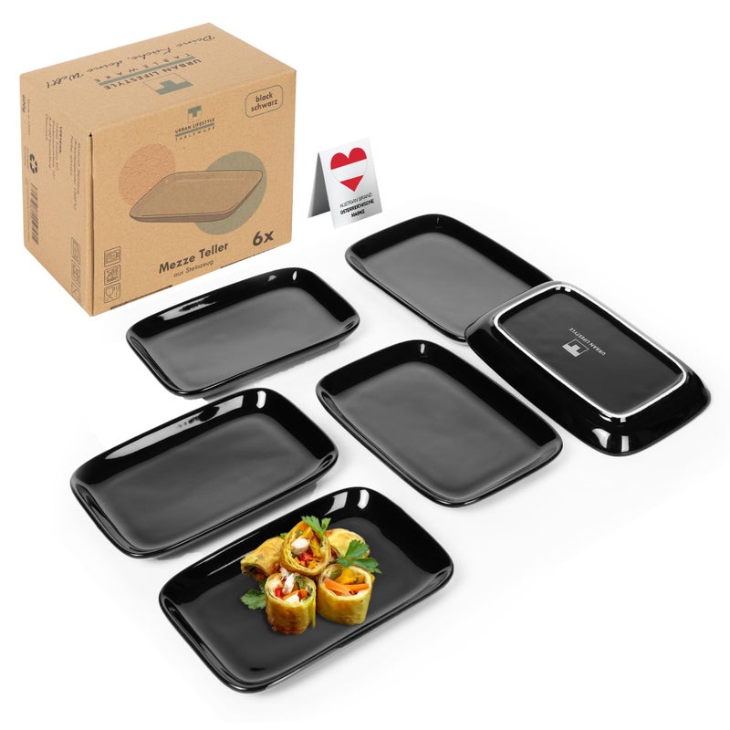 Urban Lifestyle Mezzet Plate Black Made of Stoneware15 x 10 x 17 cm Set of 6 Appetizers Plates Snack Antipasti Dessert Mezze Plate Rectangular Sushi Plate Serving Plate Dishwasher Safe Black