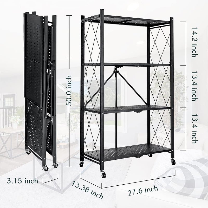 SHOWAY Hantop 4 Tier Metal Storage Shelves, Toolless Assembly, Folding Shelving Unit with Rolling Brake Wheels, Large Capacity Utility Shelf Storage Rack Stackable Shelves for Garage Warehouse Patio Basement - Image 3