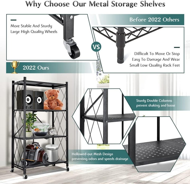 SHOWAY Hantop 4 Tier Metal Storage Shelves, Toolless Assembly, Folding Shelving Unit with Rolling Brake Wheels, Large Capacity Utility Shelf Storage Rack Stackable Shelves for Garage Warehouse Patio Basement - Image 5