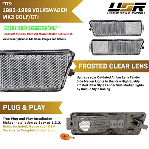 USR UNIQUE STYLE RACING USR 93-98 Golf 3 Side Marker Lights - Front Bumper Sidemarker Parking Lamps (Left + Right) Compatible with 1993-1998 Volkswagen VW Golf III/Jetta/GTi (Euro Style All Clear Lens) - Image 3