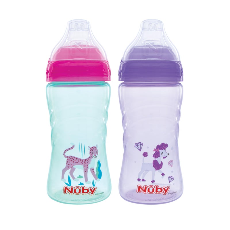 Nuby 2 Pack No Spill Printed Thirsty Kids No-Spill Sip-it Sport Cup with Soft Spout and Lid - 12oz, 12+ Months, 2 Pack, Aqua Cheetah & Purple Puppy Dog - Image 1