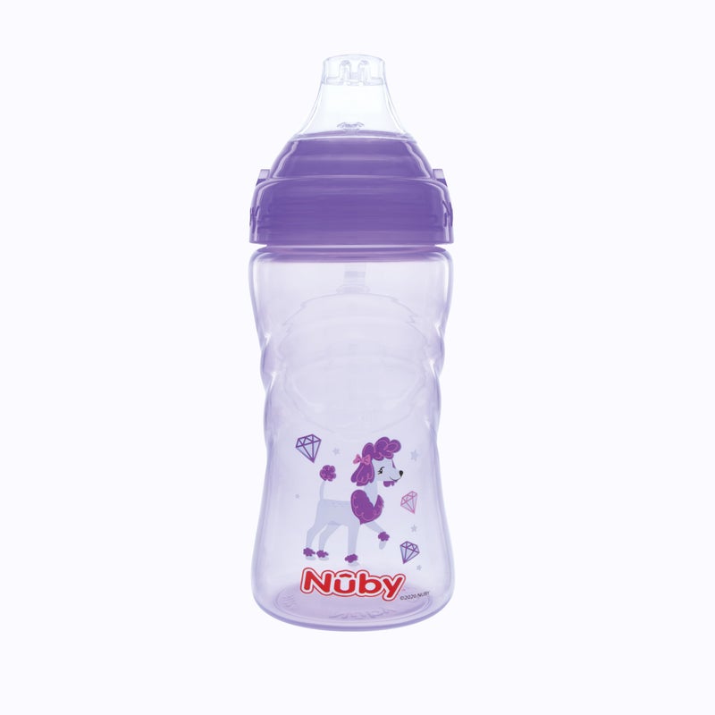 Nuby 2 Pack No Spill Printed Thirsty Kids No-Spill Sip-it Sport Cup with Soft Spout and Lid - 12oz, 12+ Months, 2 Pack, Aqua Cheetah & Purple Puppy Dog - Image 2