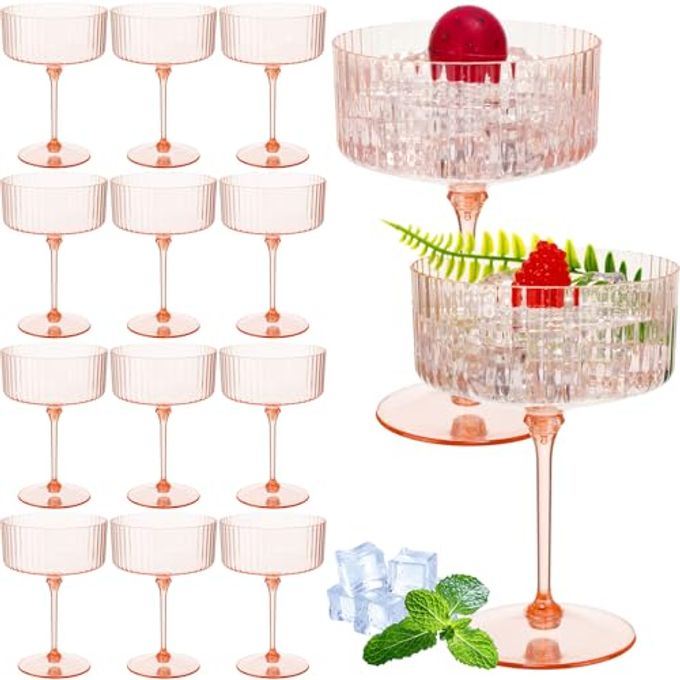 Jingmore 12 Pcs Ribbed Martini Glasses 10 oz Disposable Plastic Vintage Ribbed Coupe Glasses Unbreakable Dessert Parfait Glassware for Wedding Birthday Party Supplies (Champagne Powder)
