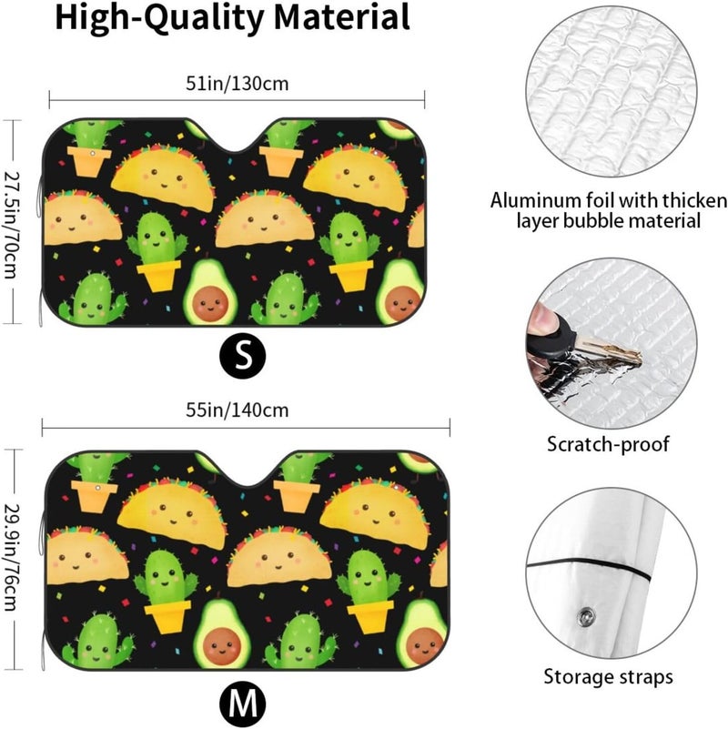 Cute Taco Fiesta Car Windshield Sun Shade, Keeps Interior Cool, Foldable Sun Visor Protector, Fits Cars Trucks SUVs Small - Image 4