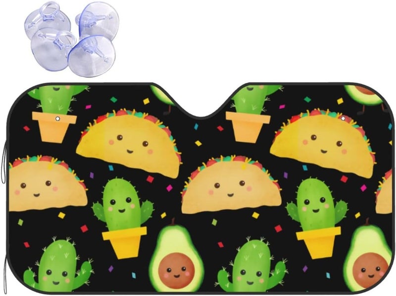 Cute Taco Fiesta Car Windshield Sun Shade, Keeps Interior Cool, Foldable Sun Visor Protector, Fits Cars Trucks SUVs Small - Image 1