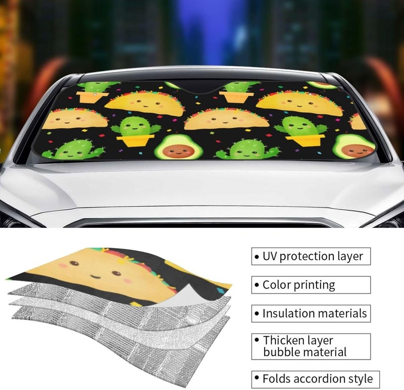 Cute Taco Fiesta Car Windshield Sun Shade, Keeps Interior Cool, Foldable Sun Visor Protector, Fits Cars Trucks SUVs Small - Image 5