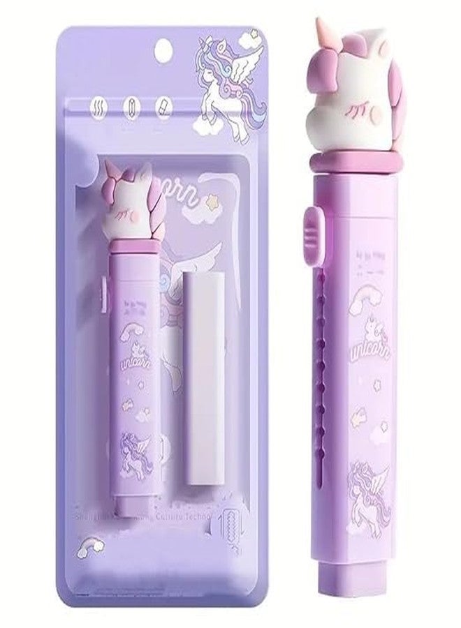HUBTURE 1 Pcs Cute Cartoon Retractable Eraser – Push Pull Design Pastel Aesthetic Pencil Eraser for Kids Students School Office – Soft Non-Toxic Rubber – Unicorn Purple - Image 1