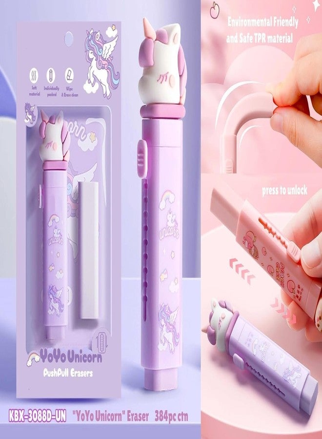 HUBTURE 1 Pcs Cute Cartoon Retractable Eraser – Push Pull Design Pastel Aesthetic Pencil Eraser for Kids Students School Office – Soft Non-Toxic Rubber – Unicorn Purple - Image 4