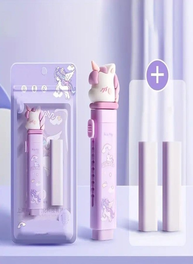 HUBTURE 1 Pcs Cute Cartoon Retractable Eraser – Push Pull Design Pastel Aesthetic Pencil Eraser for Kids Students School Office – Soft Non-Toxic Rubber – Unicorn Purple - Image 5