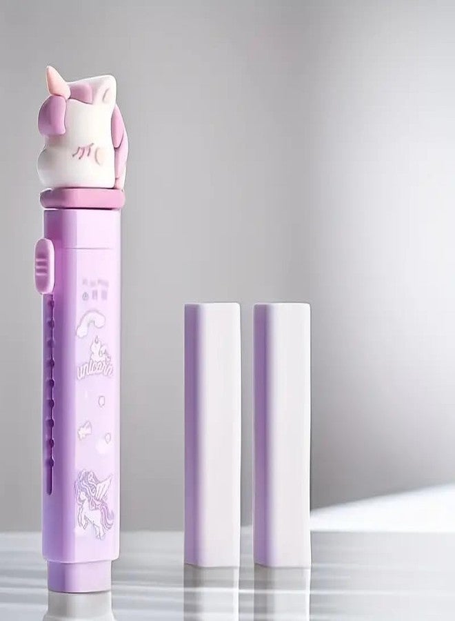 HUBTURE 1 Pcs Cute Cartoon Retractable Eraser – Push Pull Design Pastel Aesthetic Pencil Eraser for Kids Students School Office – Soft Non-Toxic Rubber – Unicorn Purple - Image 2