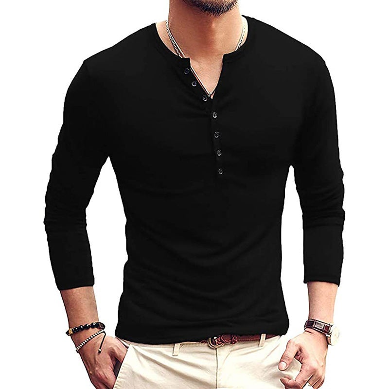 Fall/Winter Henry Long-sleeved Men's T-shirt Solid Color New Men's Long-sleeved Base Shirt - Image 3