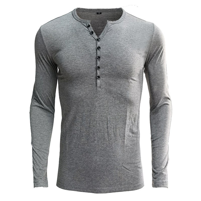 Fall/Winter Henry Long-sleeved Men's T-shirt Solid Color New Men's Long-sleeved Base Shirt - Image 1