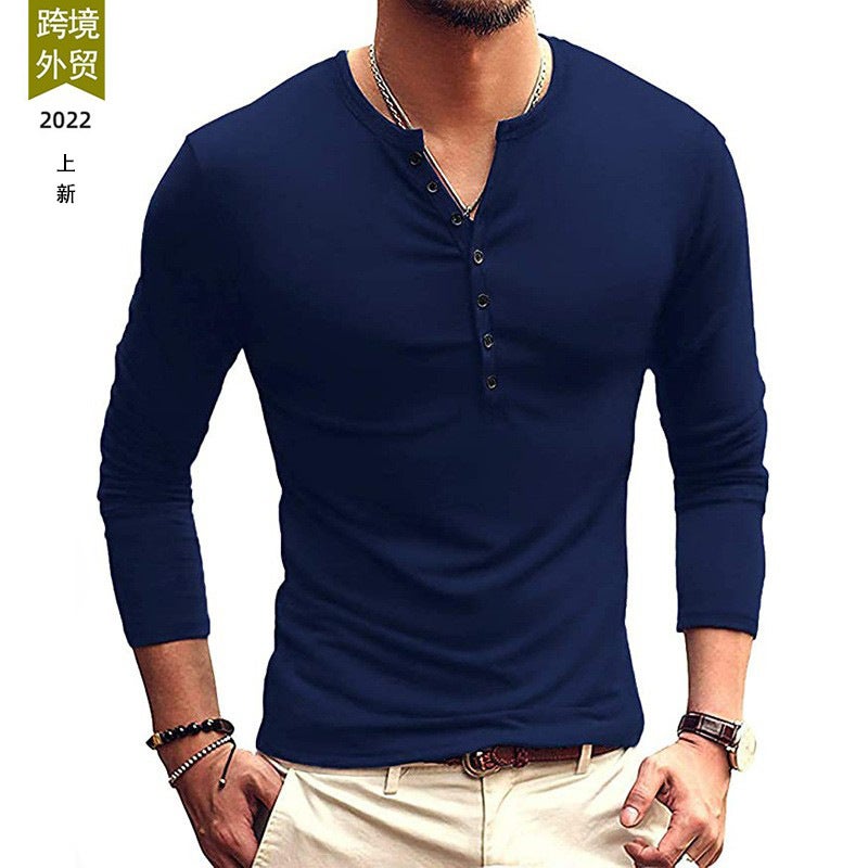 Fall/Winter Henry Long-sleeved Men's T-shirt Solid Color New Men's Long-sleeved Base Shirt - Image 2