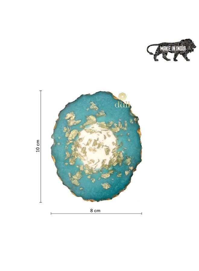 DULI Set of 6 Premium Resin Tea, Coffee Coasters - Oval, Blue Gold Flakes (10 x 8 cm) - Image 4