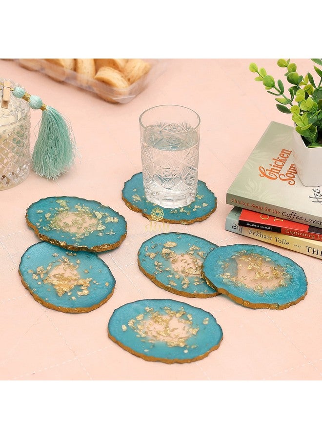 DULI Set of 6 Premium Resin Tea, Coffee Coasters - Oval, Blue Gold Flakes (10 x 8 cm) - Image 1