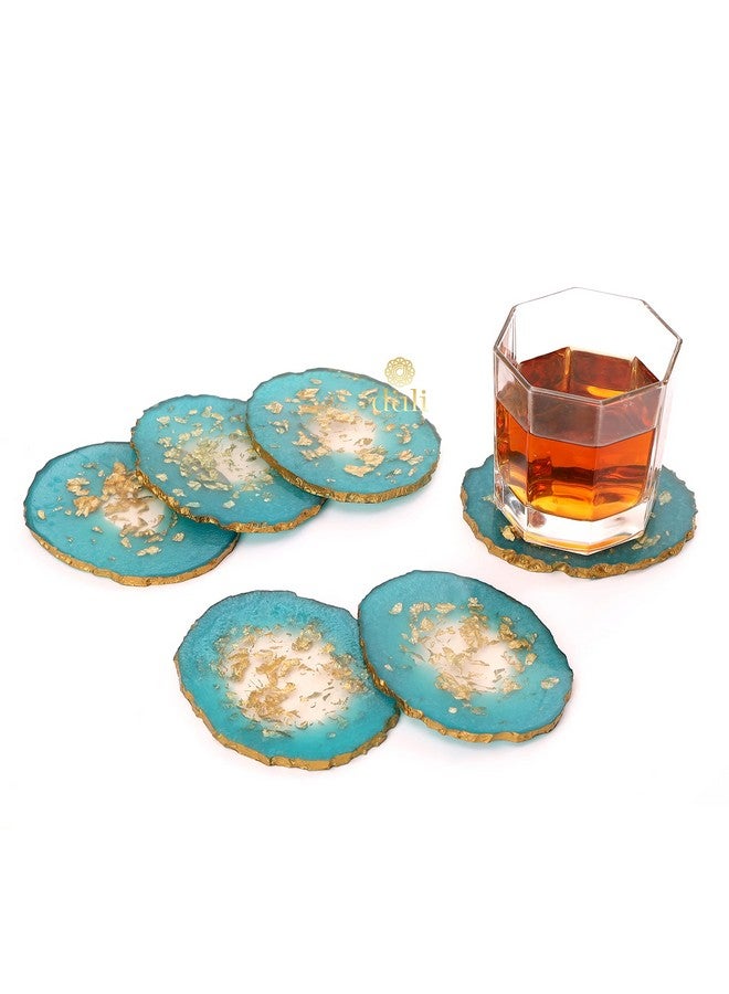 DULI Set of 6 Premium Resin Tea, Coffee Coasters - Oval, Blue Gold Flakes (10 x 8 cm) - Image 5