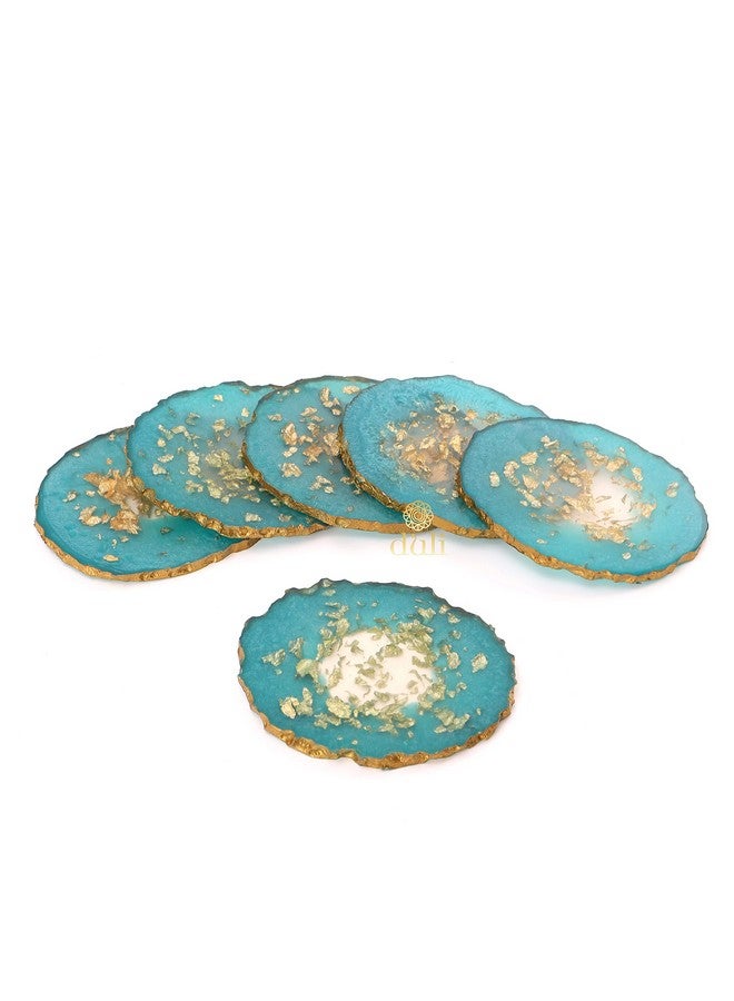 DULI Set of 6 Premium Resin Tea, Coffee Coasters - Oval, Blue Gold Flakes (10 x 8 cm) - Image 2