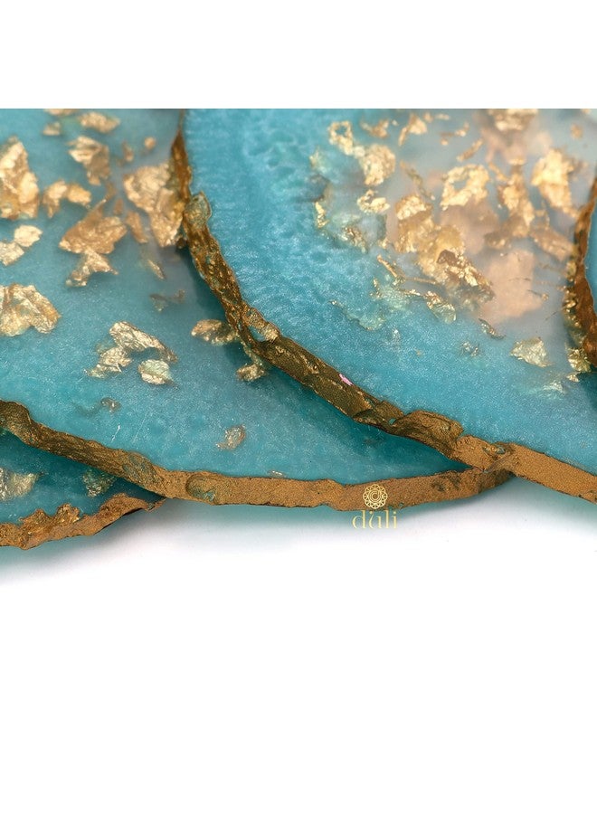 DULI Set of 6 Premium Resin Tea, Coffee Coasters - Oval, Blue Gold Flakes (10 x 8 cm) - Image 3