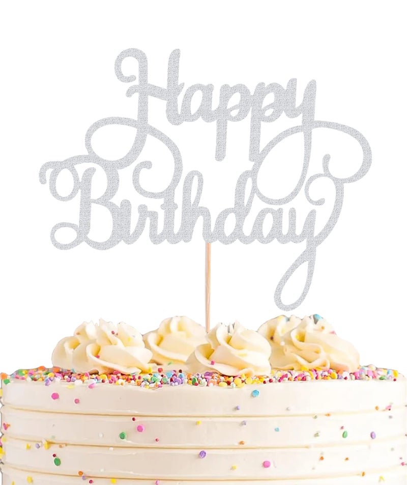 AHAORAY Silver Glitter Birthday Cake Topper - Eco-Friendly Cardboard Cake Bunting Decor  1 Piece  for Birthday Party Decoration Supplies - Image 1