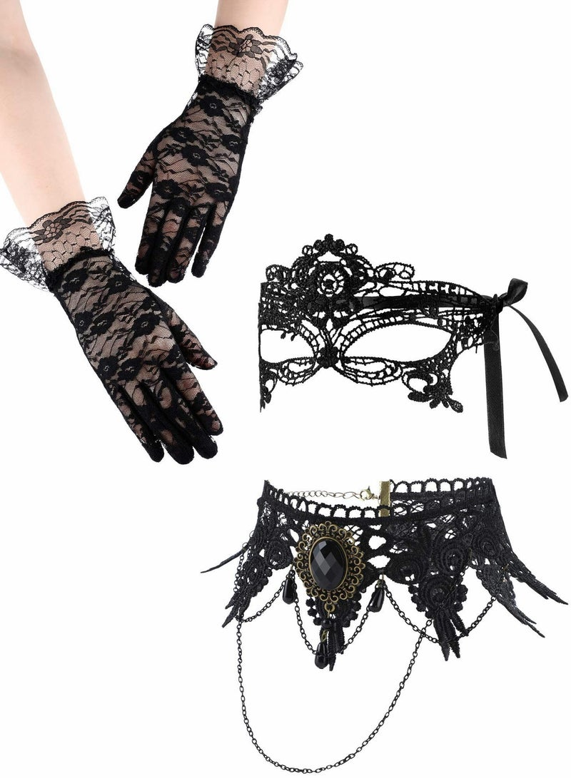 واي آند دي Venetian Masquerade Masks, Costume Set, Mask Black Choker Lace Necklace Pattern Gloves for Women  - Image 5