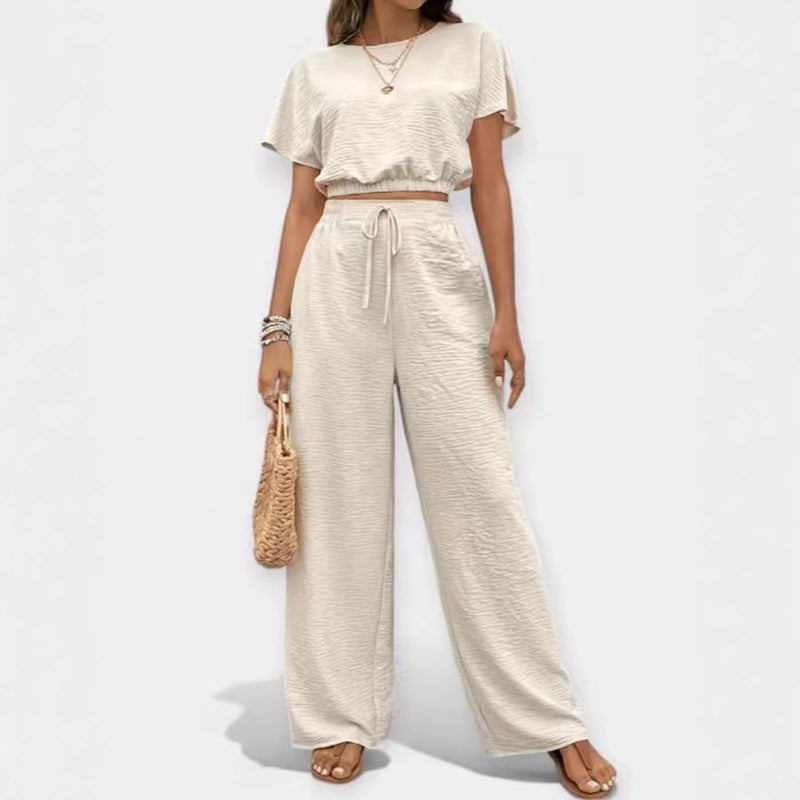 Women's Solid Color Crew Neck T-shirt and Straight Leg Pants Co Ord Set - Image 1