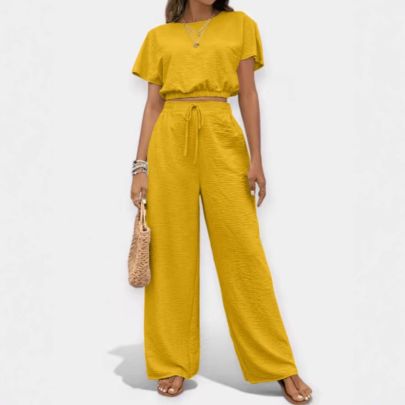 Women's Solid Color Crew Neck T-shirt and Straight Leg Pants Co Ord Set - Image 4