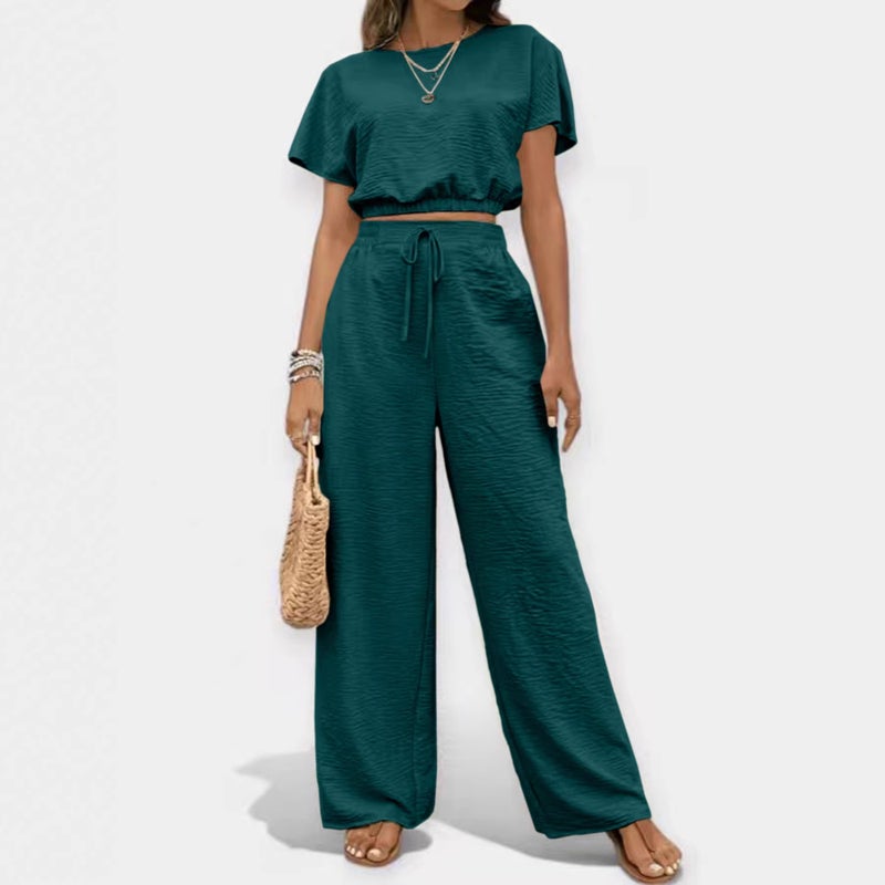 Women's Solid Color Crew Neck T-shirt and Straight Leg Pants Co Ord Set - Image 2