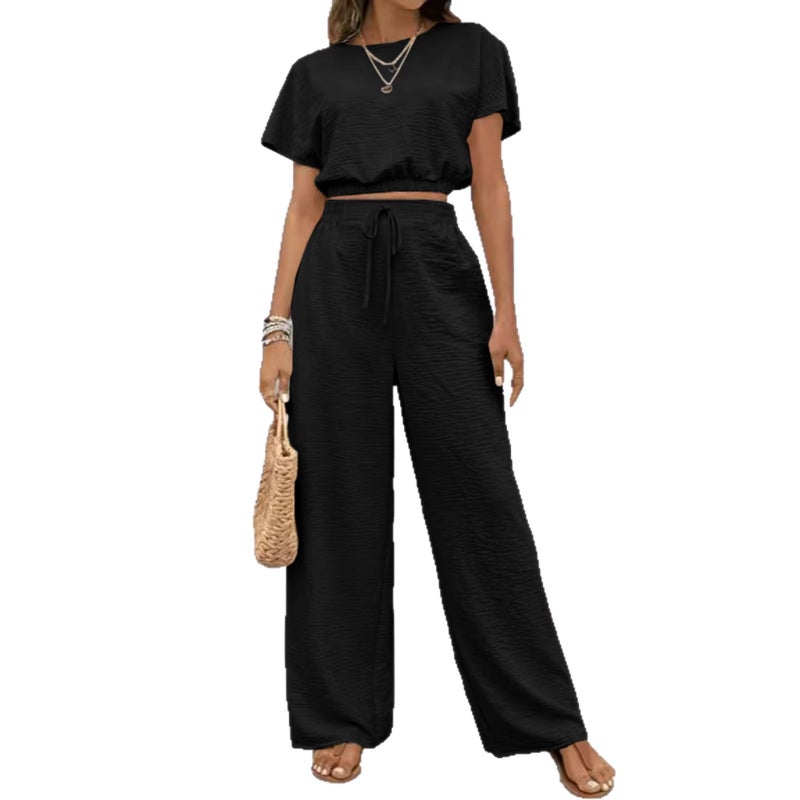 Women's Solid Color Crew Neck T-shirt and Straight Leg Pants Co Ord Set - Image 5