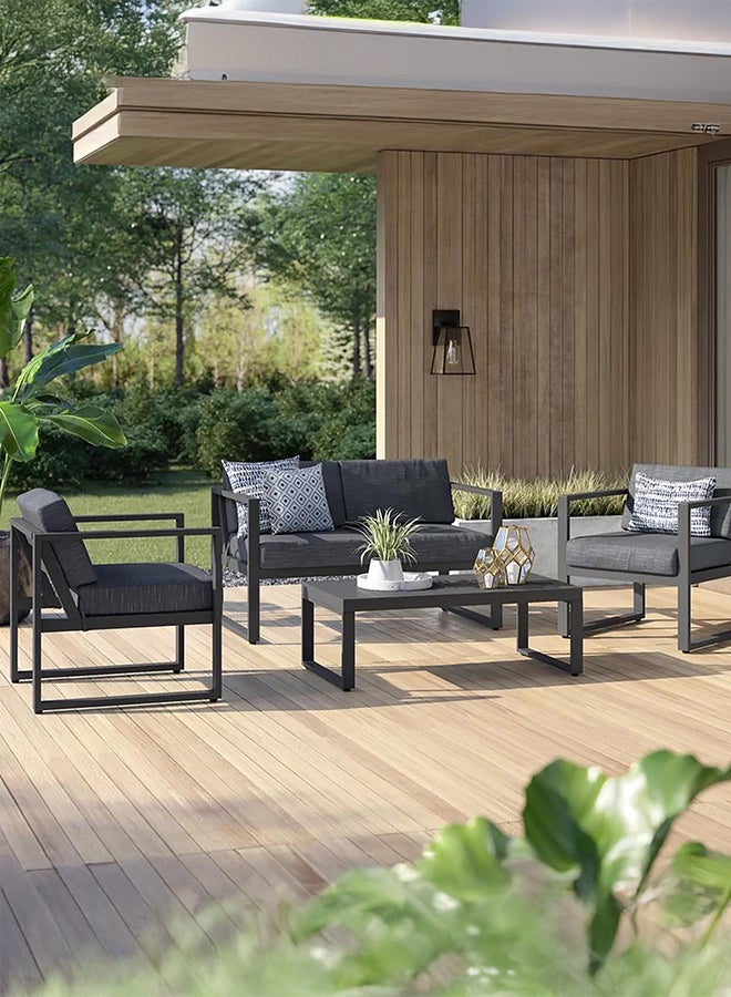 طقم أريكة ثنائية وكرسيين منجد بالكتان وطاولة, 4 قطع, رمادي