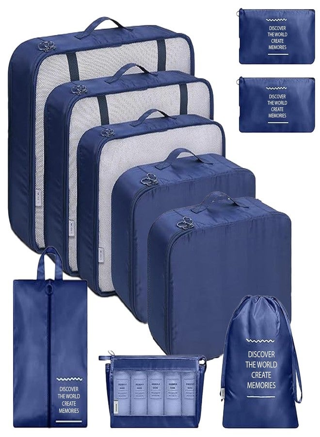 LOVHIDE Polyester 10 Pcs Travel Organizer Pouch Packing Cubes Set | Space Saver Bags for Clothes Shoes Toiletry Laundry Underwear Socks Cosmetics | Portable Luggage Storage (Dark Blue, Pack of 10) - Image 1