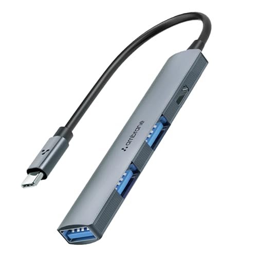 Ambrane 4-in-1 Multiport USB Hub, 3 USB-A ports, Supports Type-C OTG & up to 5 Gbps High-Speed Data Transfer Compatible with Smartphones, Type-C laptops, tablets (E-Hub+, Metal Grey) - Image 1