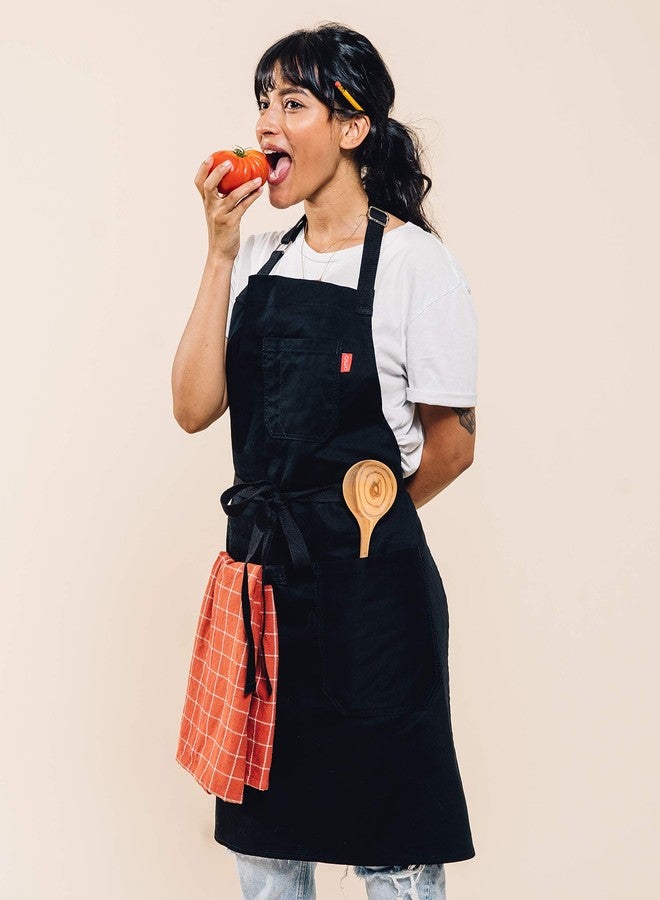 Caldo Daily Cotton Kitchen Apron for Cooking- Mens and Womens Professional Chef or Server Bib Apron - Adjustable Straps with Pockets and Towel Loop (Black) - Image 4