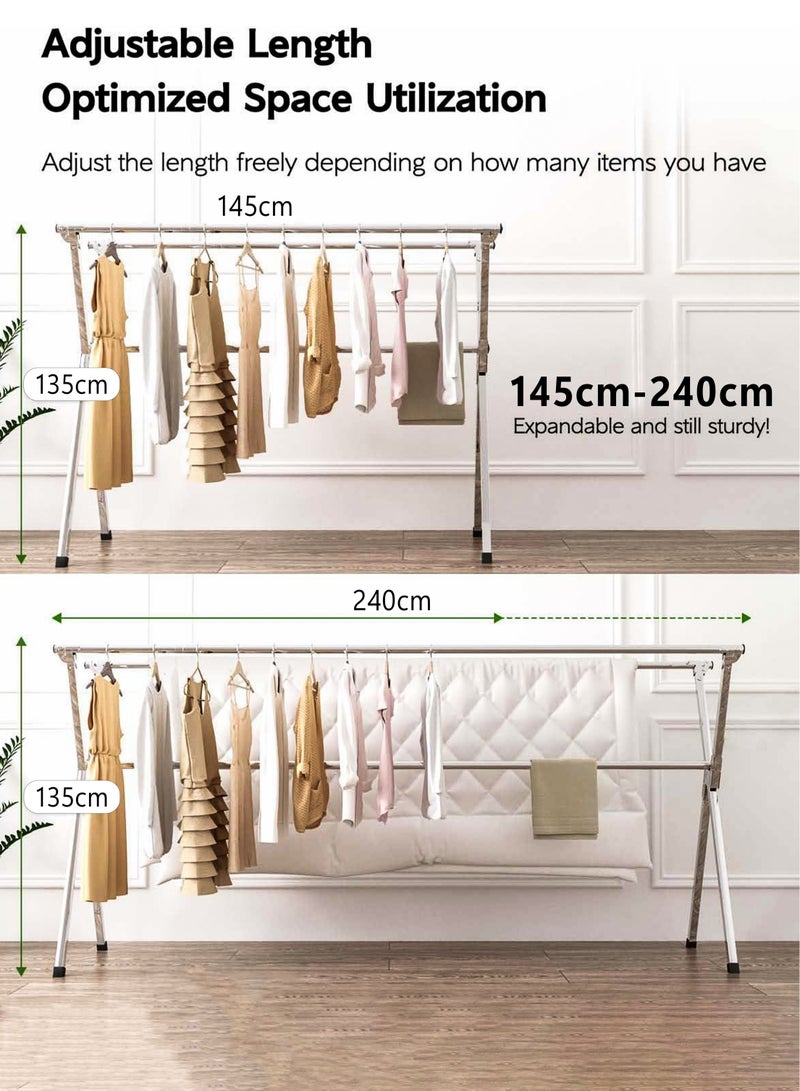 Portable Stainless Steel Clothes Drying Rack, Adjustable Length 145-240cm, Foldable Heavy-Duty Laundry Dryer Stand with Triple Rails, X-Frame Stability, Indoor & Outdoor Garment Hanging Use, Space-Saving Collapsible Folding Clothing Hanger for Blankets, Clothes, Jeans, Shirts, Shorts, Undergarments, Socks, Jackets, Lingerie and Bedding  - Image 2
