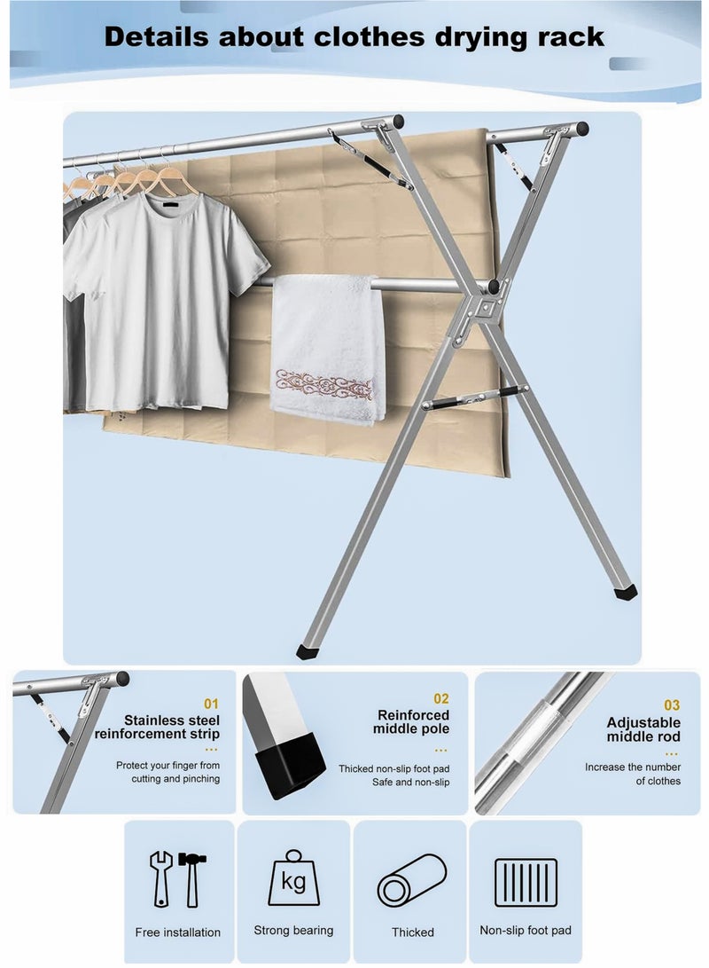 Portable Stainless Steel Clothes Drying Rack, Adjustable Length 145-240cm, Foldable Heavy-Duty Laundry Dryer Stand with Triple Rails, X-Frame Stability, Indoor & Outdoor Garment Hanging Use, Space-Saving Collapsible Folding Clothing Hanger for Blankets, Clothes, Jeans, Shirts, Shorts, Undergarments, Socks, Jackets, Lingerie and Bedding  - Image 3