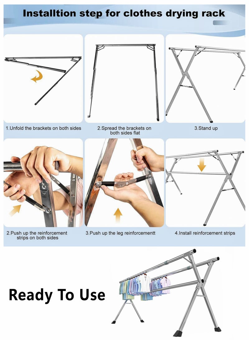 Portable Stainless Steel Clothes Drying Rack, Adjustable Length 145-240cm, Foldable Heavy-Duty Laundry Dryer Stand with Triple Rails, X-Frame Stability, Indoor & Outdoor Garment Hanging Use, Space-Saving Collapsible Folding Clothing Hanger for Blankets, Clothes, Jeans, Shirts, Shorts, Undergarments, Socks, Jackets, Lingerie and Bedding  - Image 4