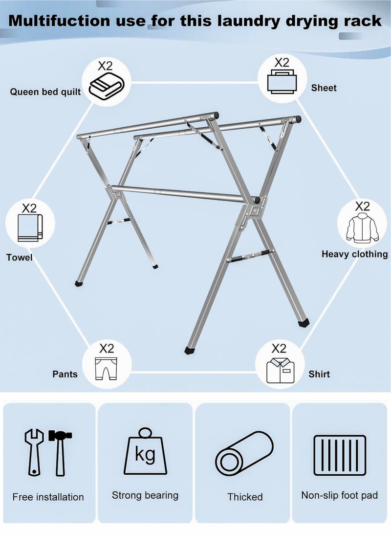 Portable Stainless Steel Clothes Drying Rack, Adjustable Length 145-240cm, Foldable Heavy-Duty Laundry Dryer Stand with Triple Rails, X-Frame Stability, Indoor & Outdoor Garment Hanging Use, Space-Saving Collapsible Folding Clothing Hanger for Blankets, Clothes, Jeans, Shirts, Shorts, Undergarments, Socks, Jackets, Lingerie and Bedding  - Image 5