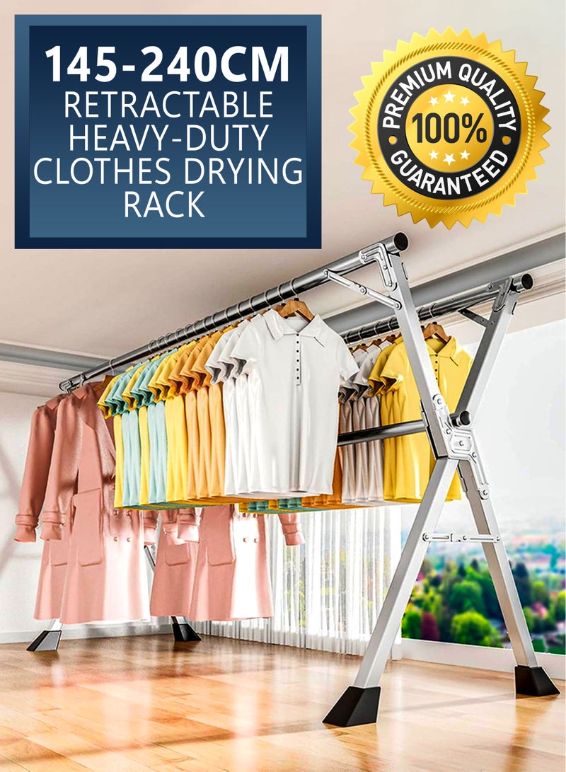Portable Stainless Steel Clothes Drying Rack, Adjustable Length 145-240cm, Foldable Heavy-Duty Laundry Dryer Stand with Triple Rails, X-Frame Stability, Indoor & Outdoor Garment Hanging Use, Space-Saving Collapsible Folding Clothing Hanger for Blankets, Clothes, Jeans, Shirts, Shorts, Undergarments, Socks, Jackets, Lingerie and Bedding  - Image 1