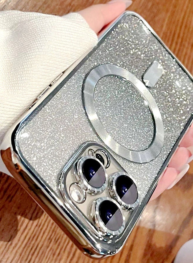 Magnetic Glitter Case for iPhone 16 Pro with Camera Lens Protector, MagSafe Compatibility, Luxury Plating, Cute Bling Sparkly Clear Slim Shockproof Phone Cover for Women and Girls，Silver - Image 1
