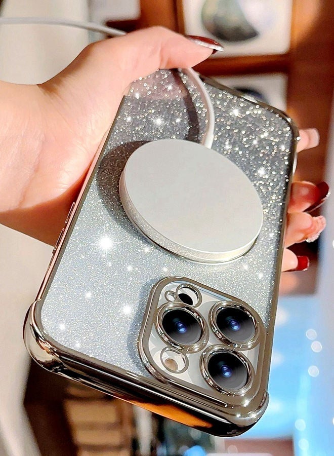 Magnetic Glitter Case for iPhone 16 Pro with Camera Lens Protector, MagSafe Compatibility, Luxury Plating, Cute Bling Sparkly Clear Slim Shockproof Phone Cover for Women and Girls，Silver - Image 4