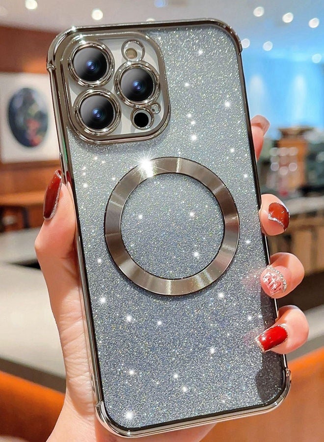 Magnetic Glitter Case for iPhone 16 Pro with Camera Lens Protector, MagSafe Compatibility, Luxury Plating, Cute Bling Sparkly Clear Slim Shockproof Phone Cover for Women and Girls，Silver - Image 2