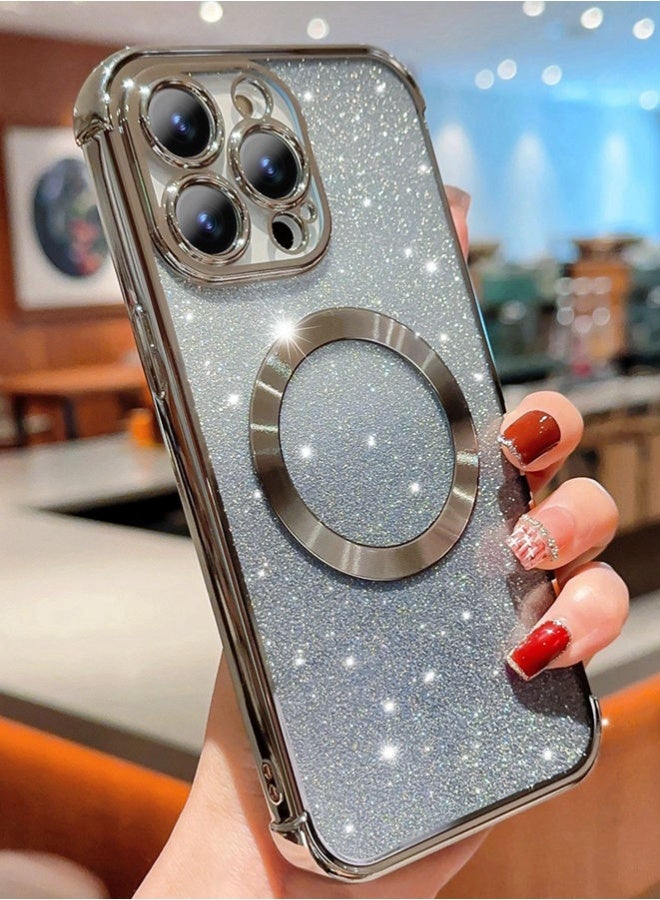 Magnetic Glitter Case for iPhone 16 Pro with Camera Lens Protector, MagSafe Compatibility, Luxury Plating, Cute Bling Sparkly Clear Slim Shockproof Phone Cover for Women and Girls，Silver - Image 3