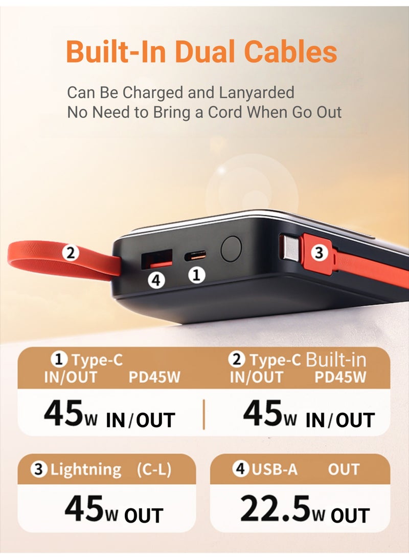 Rock Pow 45W Portable Charger Small 20000mAh Power Bank with Build in USB-C Cable and Lightning Cable with 2 ports,USB-A and  Type-C PD Fast Charging  Charger for phone and Computer iPhone 16 15 Samsung S25 S24 led digital display can be used on Airplane - Image 3