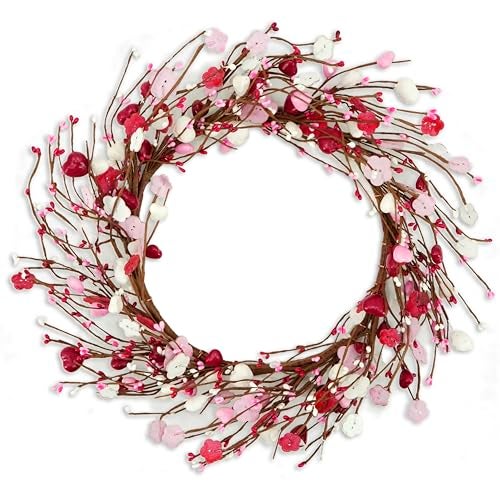 WreathDream Valentine's Day Wreath for Front Door Heart Shaped Berry Wreath with Wooden Floret,Berry for Front Door Indoor Outdoor Wedding Anniversary Party Home Wall Window Festival Decoration - Image 1