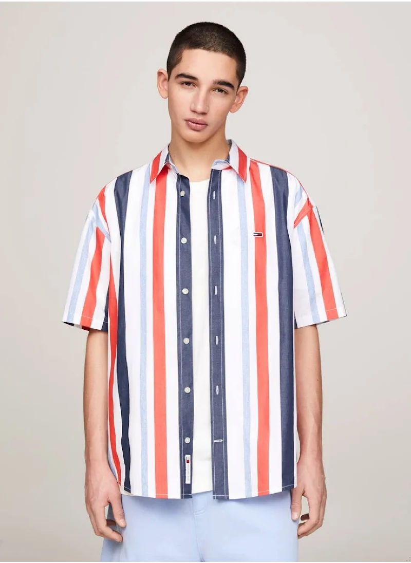 TOMMY JEANS Men's Multicolour Stripe Relaxed Short Sleeve Shirt -  Pure cotton, White