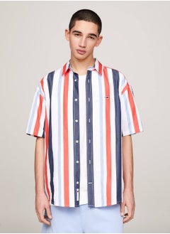 TOMMY JEANS Men's Multicolour Stripe Relaxed Short Sleeve Shirt -  Pure cotton, White  - Image 1