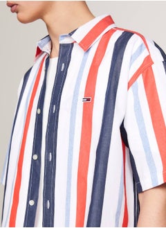 TOMMY JEANS Men's Multicolour Stripe Relaxed Short Sleeve Shirt -  Pure cotton, White  - Image 3