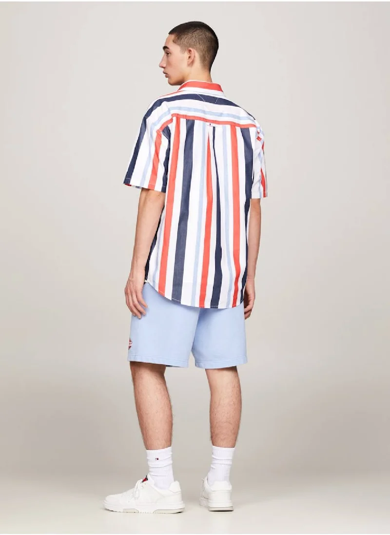 TOMMY JEANS Men's Multicolour Stripe Relaxed Short Sleeve Shirt -  Pure cotton, White