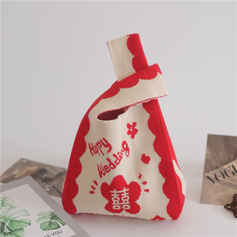 2025 Xipu Special Festive Wedding Gift Bag Special Hand Bag Vest Bag Sweet and Festive Knitted Bag 90g flowers-囍