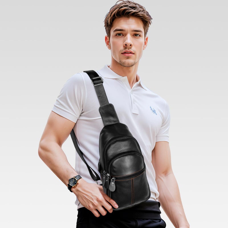 molshine Genuine Leather Sling Crossbody Bag,Fashion Chest,Casual Shoulder Bag for Men Women Work Travel Cycling HB024 (Black) - Image 2