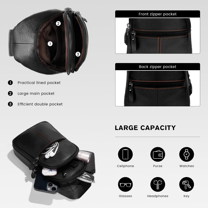 molshine Genuine Leather Sling Crossbody Bag,Fashion Chest,Casual Shoulder Bag for Men Women Work Travel Cycling HB024 (Black) - Image 5